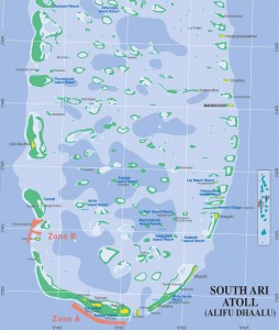 Map of the places where to spot whale sharks in Ari Atoll, Maldives